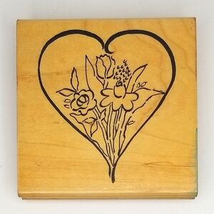 Printworks Vintage Heart with Bouquet Wooden Rubber Stamp 1997